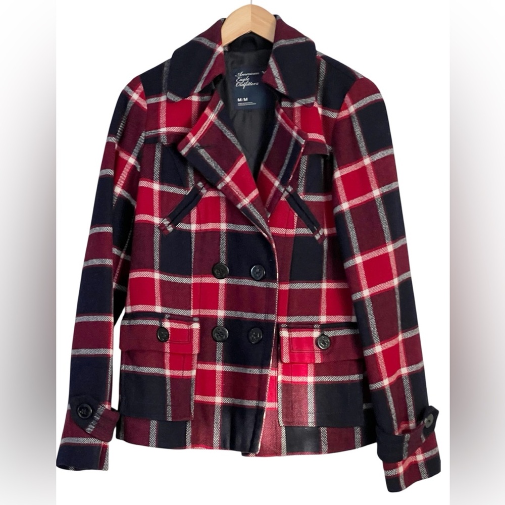 American Eagle Outfitters Plaid Peacoat Double Breast Wool Blend Red Navy Tartan